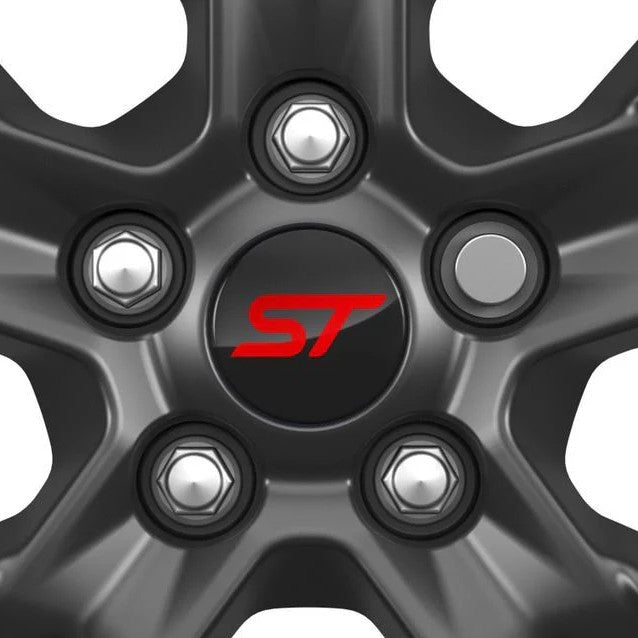 GENUINE FORD 2566957 CENTER CAP BUTTON TYPE, GLOSS BLACK, WITH RED ST LOGO