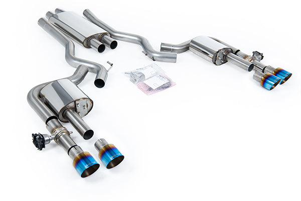 Milltek SSXFD437 Ford Dual Quad Outlet With Active Valves Resonated With GT-100 Burnt/Blue Titanium Trims  (Inc. Mustang)