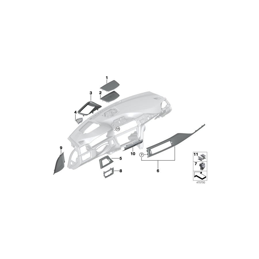 Genuine BMW 51459318071 F31 F34 F33 Trim Instr.Panel Glossy Black Passenger PERLGLANZ CHROM (Inc. 318i, 318d & 420d) | ML Performance EU Car Parts